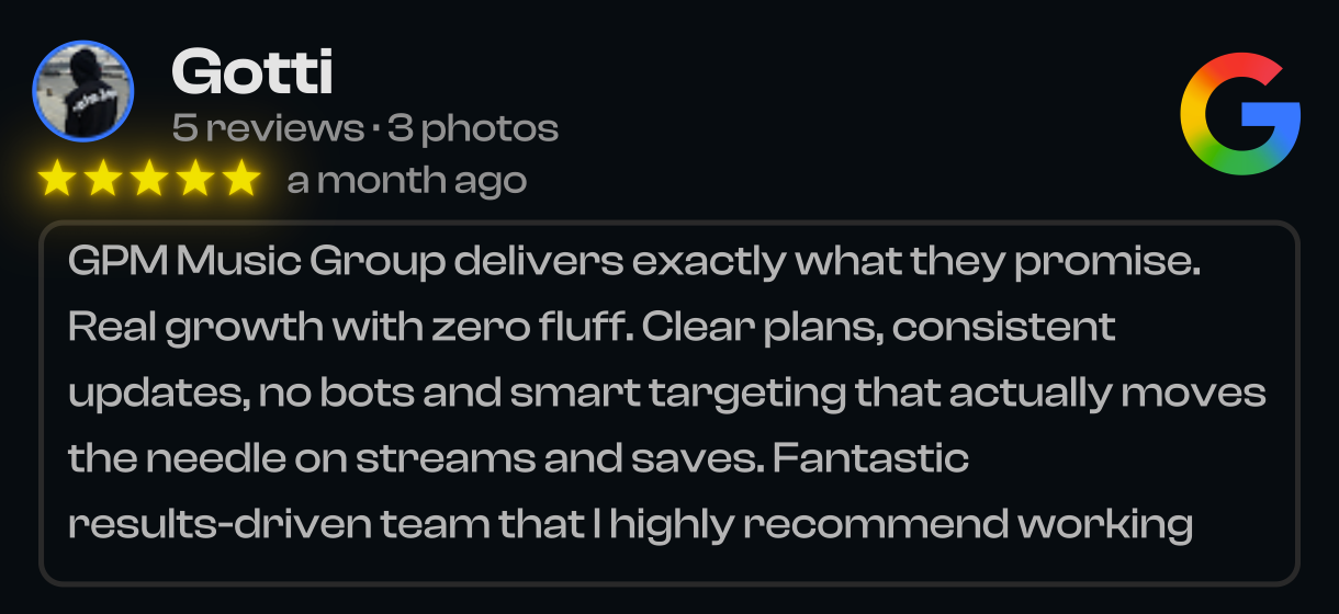 Google review for GPM Music Group with a five-star rating and positive feedback.