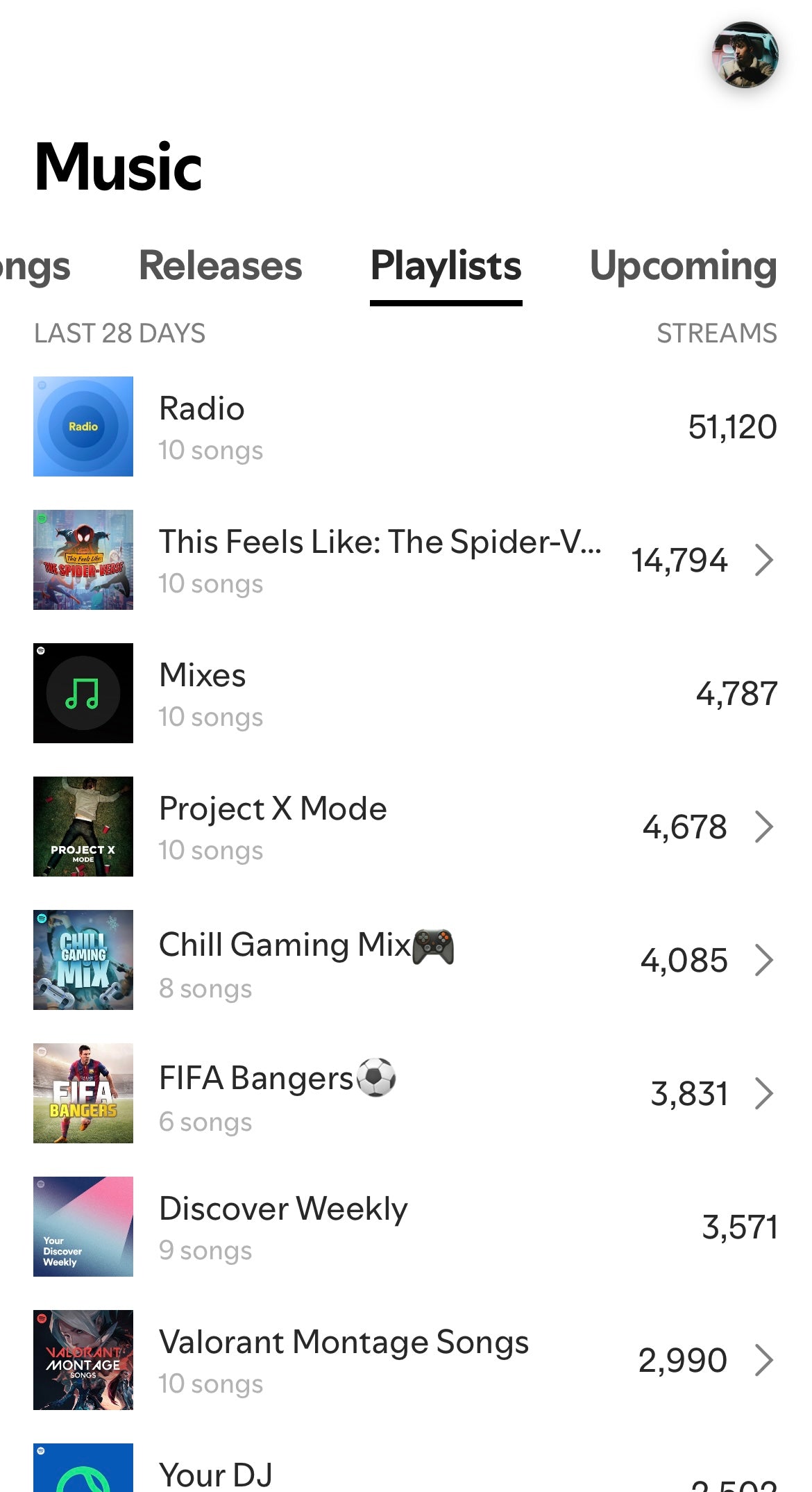 Music app screen showing playlists with song counts

