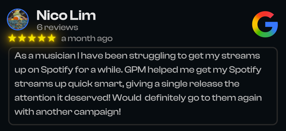 Google My Business review for GPM with a five-star rating and text about Spotify streams.