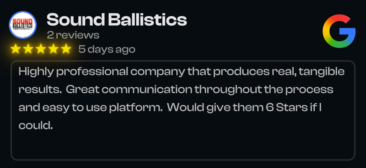 Google review for Sound Ballistics with a five-star rating and positive feedback.