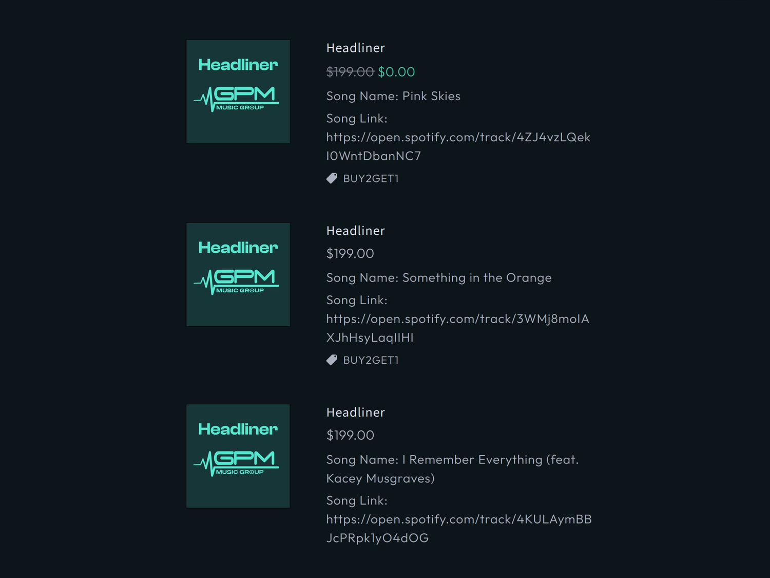 List of music tracks with GPM Headliner branding on a dark background

